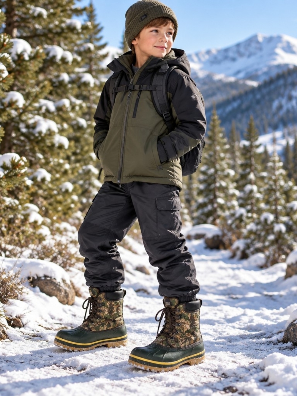 Magellan Boys Camo Winter Snow Boots Sz 13- Olive/Black